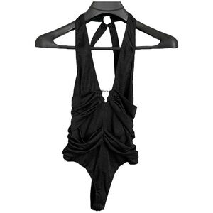 Free people XS black slinky bodysuit silver ring